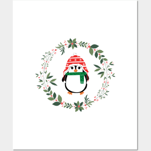 Holiday Penguin and Wreath Posters and Art